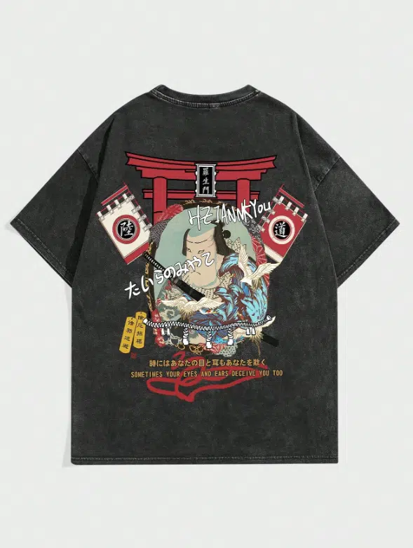 Men's Washed Distressed Tokyo Ancient Architecture Samurai Graphic Black Short Sleeve Japanese Text Dropped Shoulder T-Shirt, Suitable For Daily, School Wear