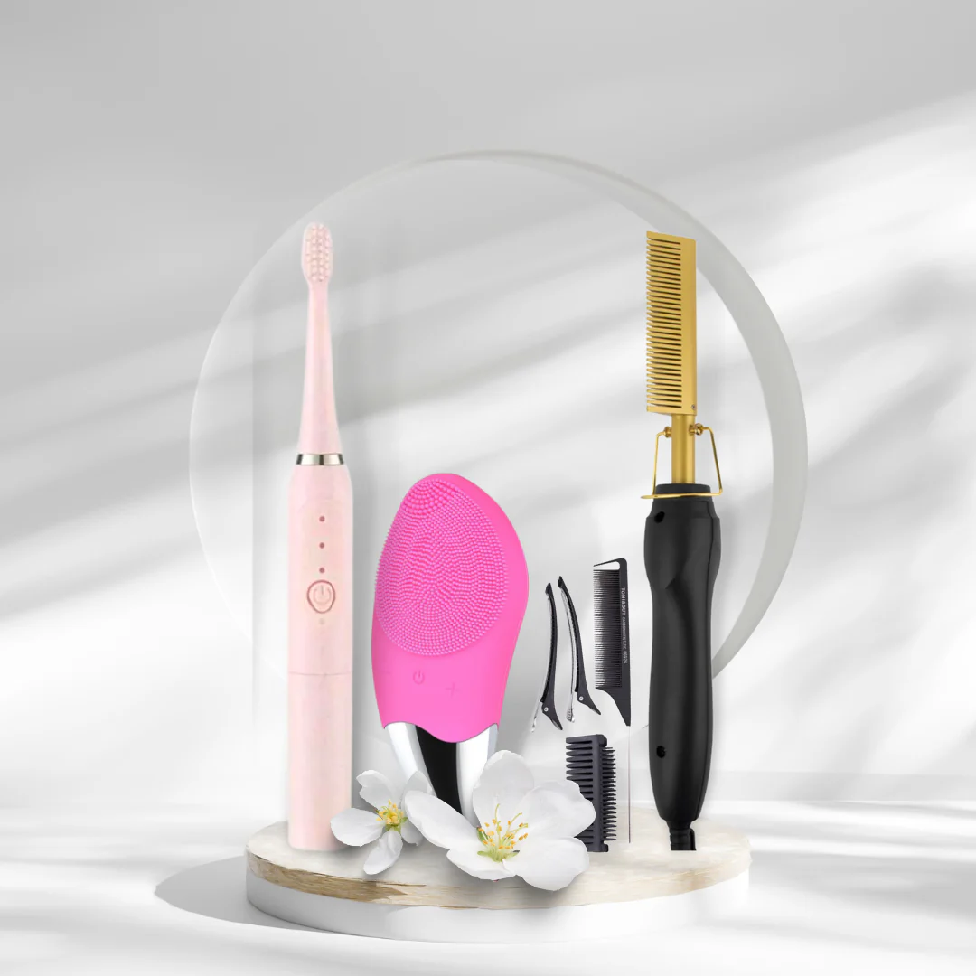 Pack Trio Beauté : Peigne Chauffant Effet Lisseur, Brosse Électrique de Nettoyage du Visage et Brosse à Dents Électrique Sonique