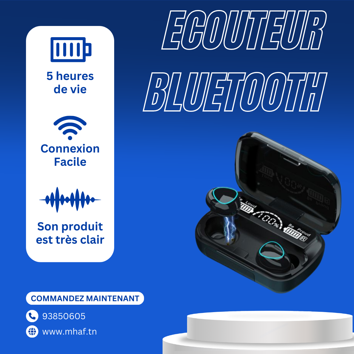 Ecouteur Bluetooth sans fil M 10  version Bluetooth 5.3 avec  affichage LED-noir + boite de charge
